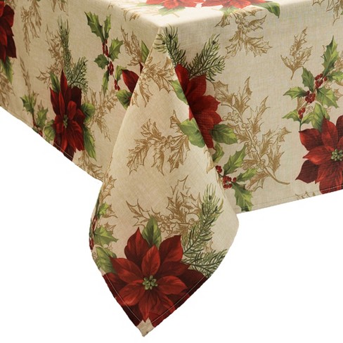 Festive Poinsettia Holiday Fabric Tablecloth - 52