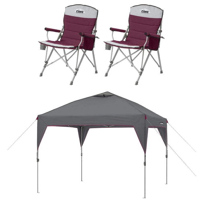 CORE Set of 2 300-Pound Capacity Padded Hard Arm Chair w/Storage Pockets & Carry Bag w/Instant 10-Foot Outdoor Pop-Up Shade Canopy Shelter Tent, Gray, 1 of 7