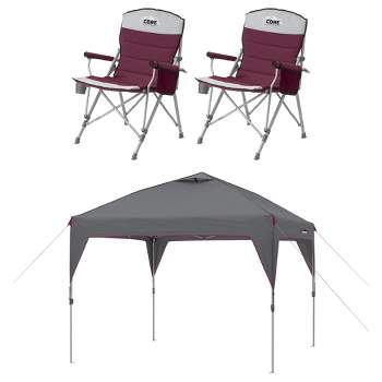 CORE Set of 2 300-Pound Capacity Padded Hard Arm Chair w/Storage Pockets & Carry Bag w/Instant 10-Foot Outdoor Pop-Up Shade Canopy Shelter Tent, Gray