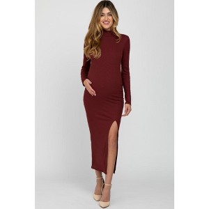 Pinkblush Burgundy Ribbed Mock Neck Side Slit Maternity Maxi Dress - 1 of 4