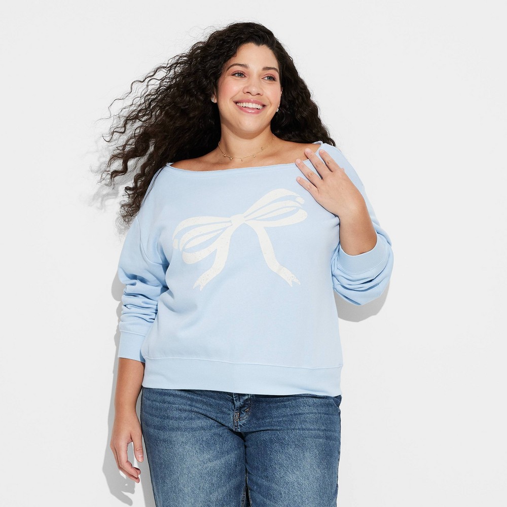 Womens Off the Shoulder Bow Graphic Sweatshirt - Light Blue