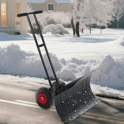 TackView Snow Shovel with Wheels, Ergonomic Snow Pusher Shovel with Snow Removal Adjustable Angle & Height Handle, for Driveway, Pavement
