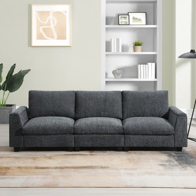 YOOCOZZ Sectional Sofa with Drop-Down Table, Cup Holders, Bluetooth Speakers, Hidden Armrest Storage and USB Charger