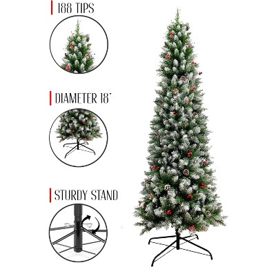 Perfect Holiday Frosted Norwood Pencil Pine with Pine Cones & Red Berries and Metal Stand