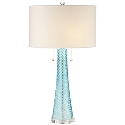 Possini Euro Design Modern Coastal Table Lamp with Table Top Dimmer Aqua Blue Glass White Fabric Drum for Living Room House Home