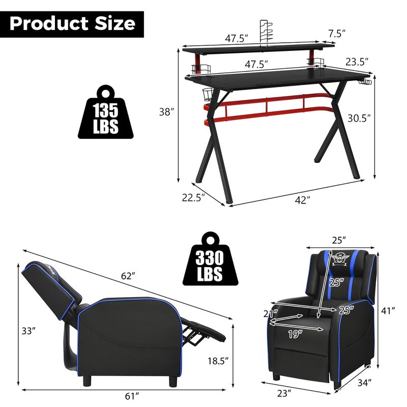 Costway Gaming Desk & Chair Set 48'' Computer Desk & Massage Recliner Chair Black + White/Blue/Pink/Red, 3 of 4