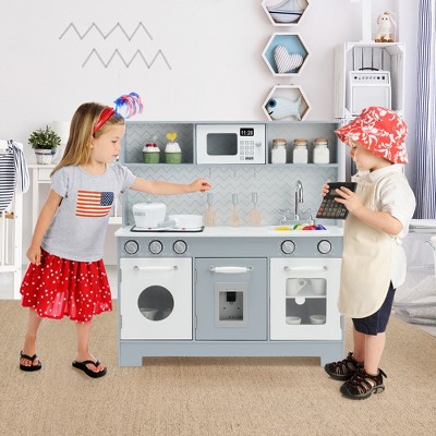 Gray and White Wooden Kids Play Kitchen Set with Light & Sound
