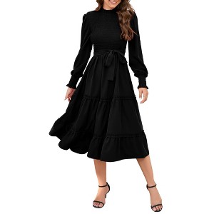 BLUEMING Womens Long Sleeve A-Line Dress High Wasit Ruffle Tiered Dress Shirred Smocked Flowy Maxi Dress - 1 of 4