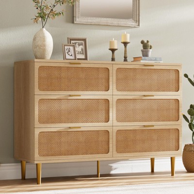 Rattan 6 Drawer Dresser for Bedroom, Natural Double Dresser with Golden Handles, Wooden Chest of Drawers for Closet for Living Room, Hallway, Nursery