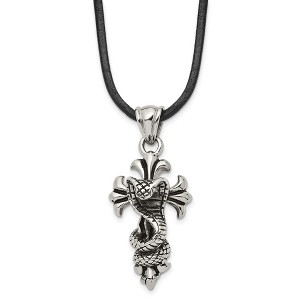 Black Bow Jewelry Men's Stainless Steel & Leather Antiqued Snake Cross Necklace, 20 Inch - 1 of 4