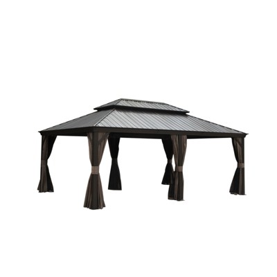 VisioGear 14'x20' Patio Hardtop Gazebo with Double Roof and Netting, Large Pavilion Gazebo for Patio Deck Garden, Brown, 233.76"*165.6"*126.42"