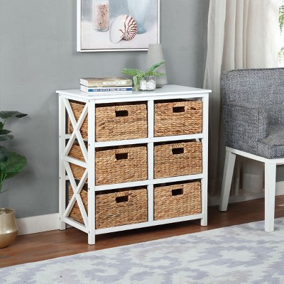 Gray 3 Tier Storage Cabinet with Natural Wicker Baskets
