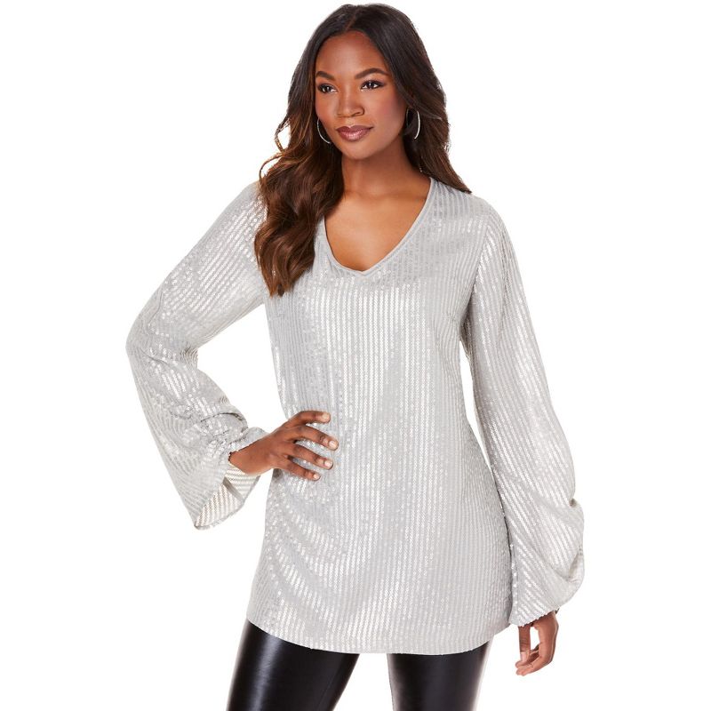 Roaman's Women's Plus Size Sequin-Embellished Georgette Pullover, 1 of 2
