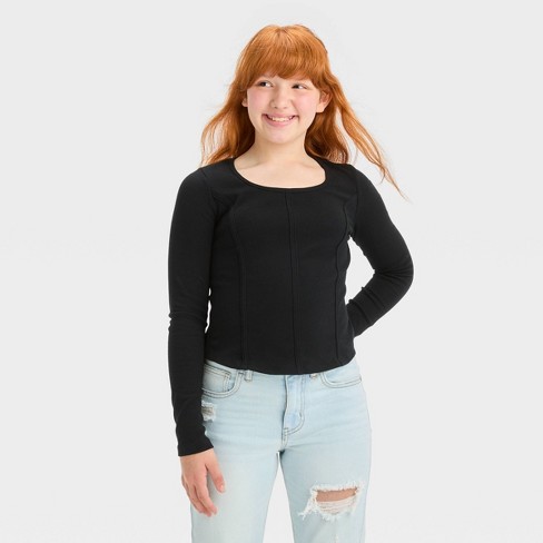 Black Ribbed Knit Long Sleeve Corset Top