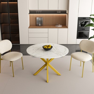 Lirago White Round Dining Table Extendable to 59" Carbon Steel X-Base  29.53"H x 43.31"D x 59.06"W