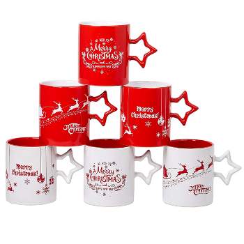 Bruntmor 14 Oz Christmas Coffee Mug with Star Handle Set of 6, Red