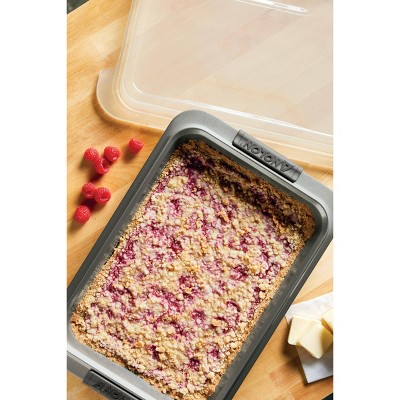 Gray Nonstick Rectangular Cake Pan with Silicone Grips and Lid