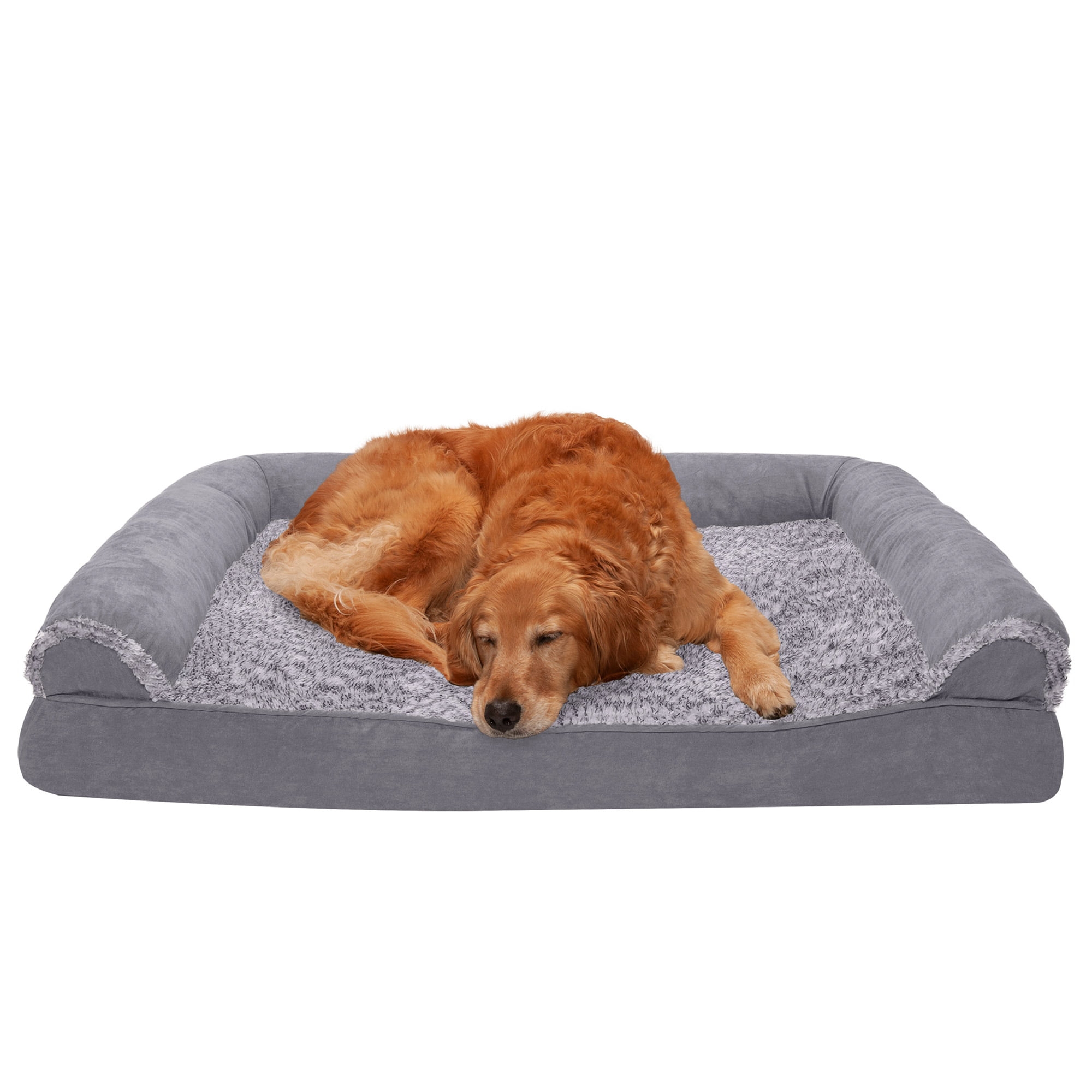 FurHaven Two-Tone Faux Fur & Suede Cooling Gel-Top Foam Sofa Dog Bed - Jumbo, Stone Gray