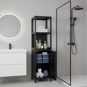 KTMBDW Bathroom Floor Cabinet, 5 Tier Tall Thin Linen Tower Storage Cabinet Free Standing Bamboo with 2 Shelves and Cupboard for Bathroom - 1 of 4