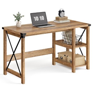 Computer Desk, 47.2 Inch Farmhouse Office Desk with Storage Shelves & Removable Middle Shelf, for Work Study Gaming, Honey Brown - 1 of 4