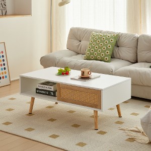 Anybear 41.34" White Rattan Coffee Table, Sliding Door For Storage - 1 of 4