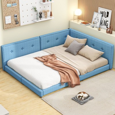 CAVINAS Upholstered Floor Bed Queen Size Modern Wooden Bed Frame with Headboard and 2 Ports for Bedroom