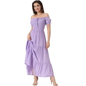 Allegra K Women's Round Neck Puff Sleeves Smocked Tiered Ruffle Maxi Dresses - 1 of 4