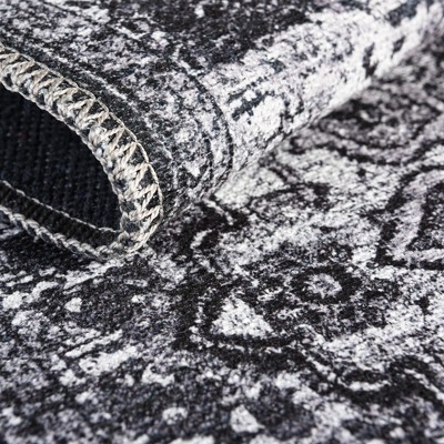 Dark Gray Medallion Washable Chenille Runner Rug