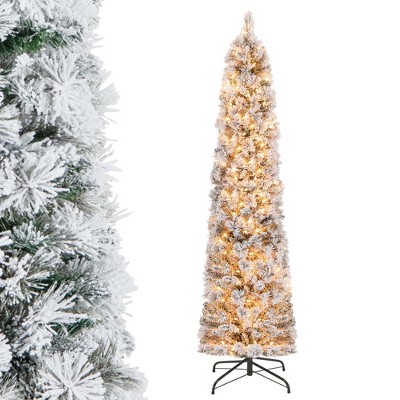 Costway 4.5 FT/6FT/7FT Pre-Lit Slim Christmas Tree Flocked Decoration with Pine Needles & Lights