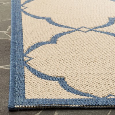 Cream and Blue Geometric Flat Woven Area Rug