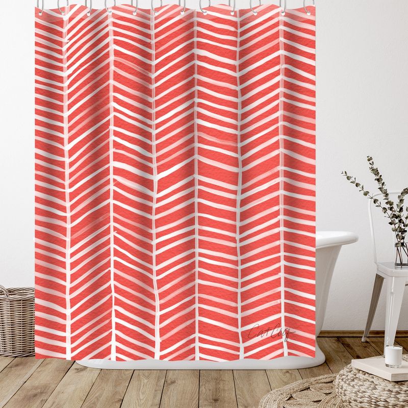 Americanflat 71" x 74" Shower Curtain, Coral Herring Bone by Cat Coquillette, 5 of 9