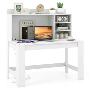 Costway Computer Desk with Hutch 2 Power Outlets USB & Type-c charging Ports 3 Shelves White/Black - 1 of 4