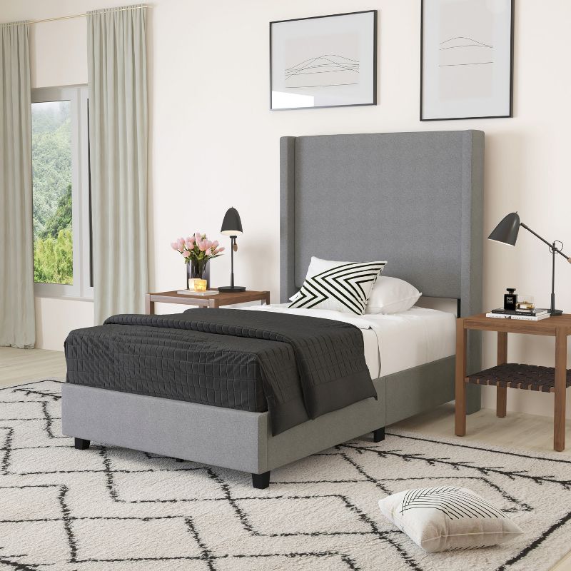 Merrick Lane Modern Platform Bed - Gray Faux Linen - Queen - Padded Wingback Headboard - 8.5" Floor Clearance - Wood Support Slats - No Box Spring Needed, 3 of 13