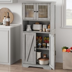 Kitchen Pantry Cabinets with Glass Doors and Adjustable Shelves, 54in Tall Freestanding Wooden Cupboard with Hutch - 1 of 4