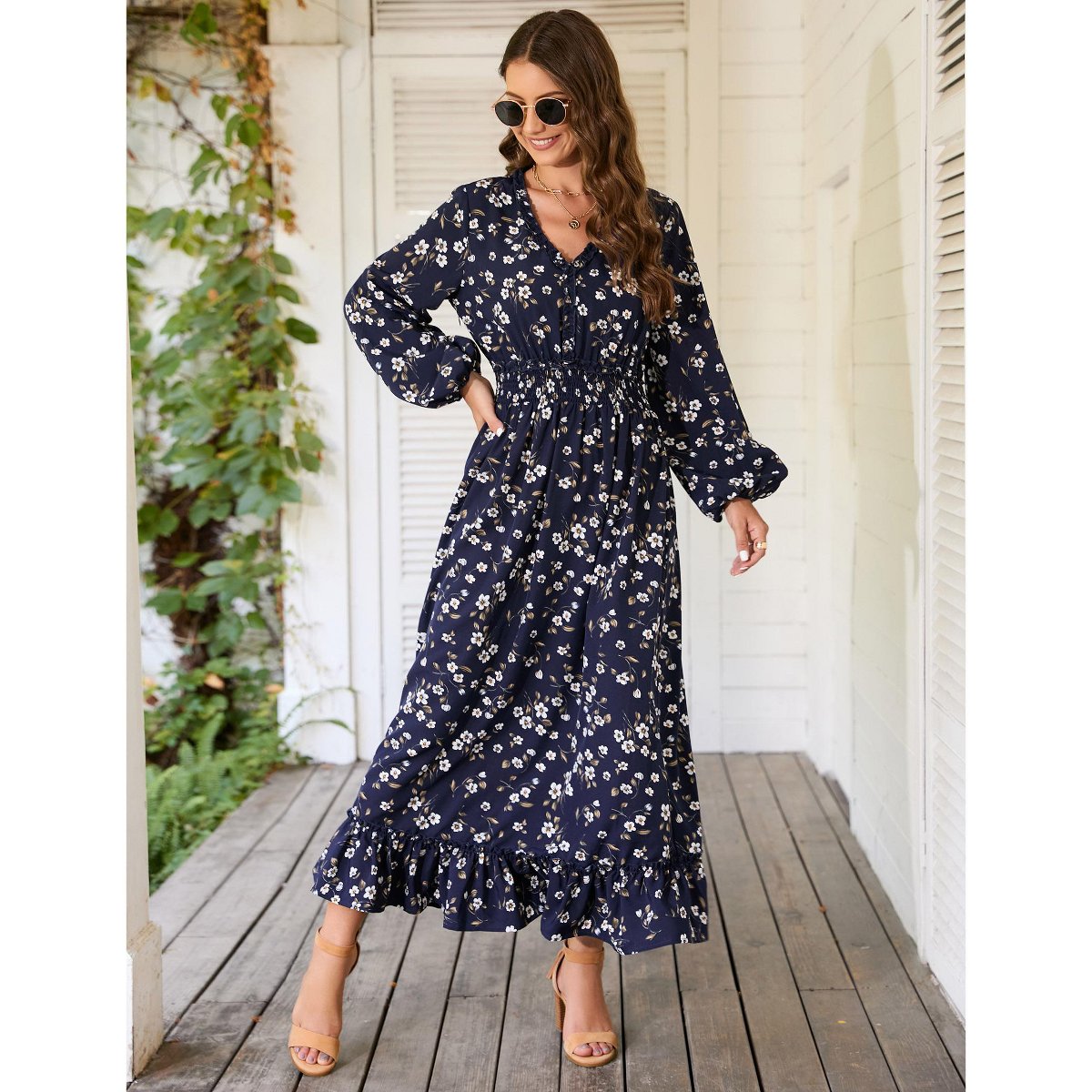 Женские платья YesFashion Casual V Neck Boho Floral Print Wedding Guest Maxi Dresses for Women Bohemian Flowy Maxi Dress Dark Blue M — фото 4