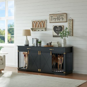 Large Dog Crate Furniture with Divider, Barn Door Design, Tabletop & Storage Drawers, Fits Dogs up to 200 lbs - 1 of 4
