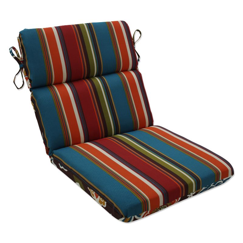 Outdoor Reversible Rounded Chair Cushion - Brown/Turquoise Floral/Stripe - Pillow Perfect, 3 of 12
