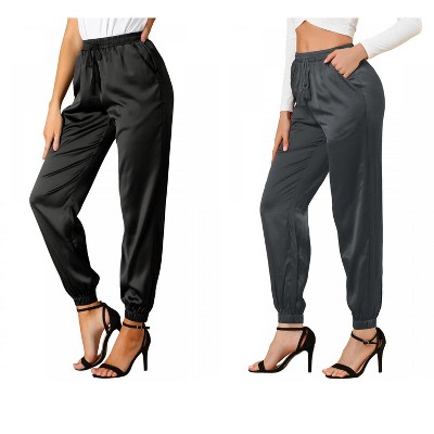 Allegra K Women's Drawstring Elastic Waist Ankle Length Satin Joggers with Pocket 2 Pcs