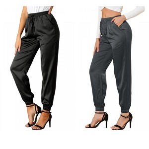 Allegra K Women's Drawstring Elastic Waist Ankle Length Satin Joggers with Pocket 2 Pcs - 1 of 4
