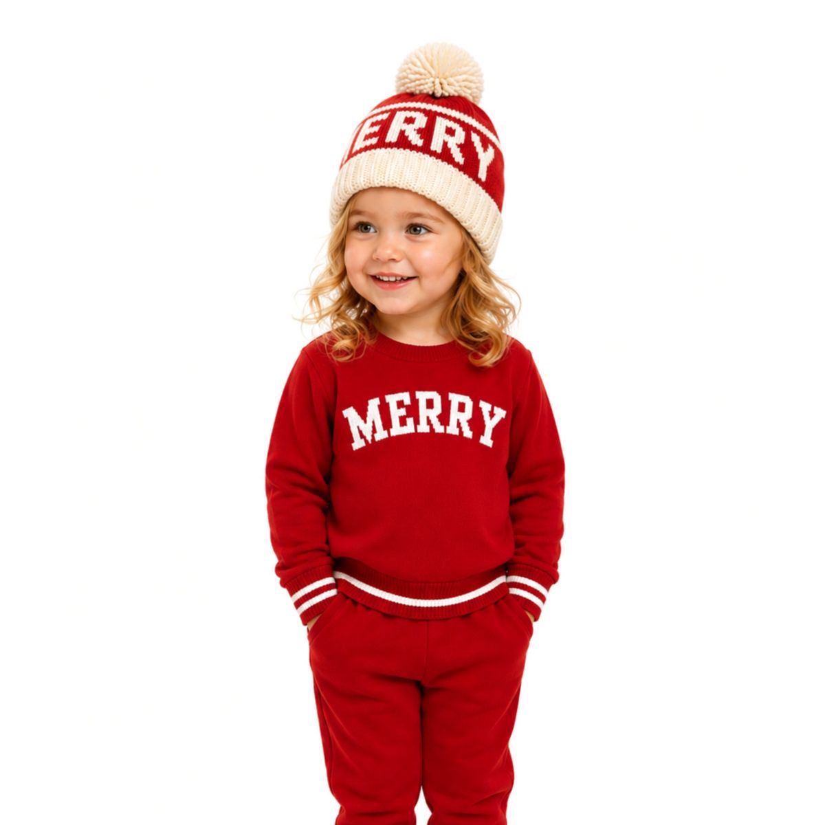 Bits & Bows Junior Unisex Merry Bobble Hat, Red/Ivory - thumbnail 2