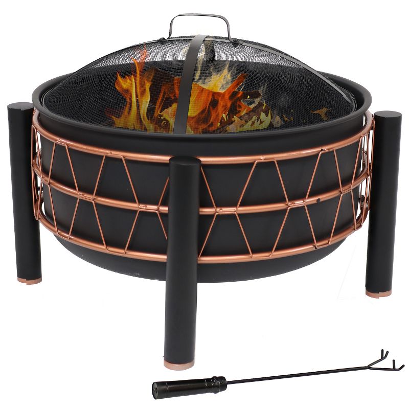 Sunnydaze Steel Fire Pit with Bronze Trapezoid Pattern and PVC Cover - 24.5" Round - Black, 1 of 7