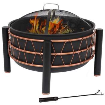 Sunnydaze Steel Fire Pit with Bronze Trapezoid Pattern and PVC Cover - 24.5" Round - Black