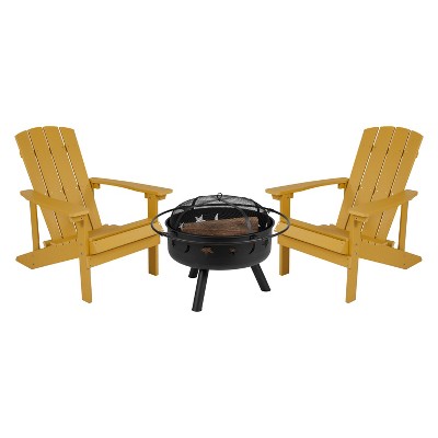 Emma and Oliver Three Piece Hartford Camping Set with Two Faux Wood Adirondack Chairs and Star and Moon Fire Pit with Mesh Cover
