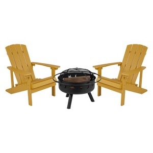 Emma and Oliver Three Piece Hartford Camping Set with Two Faux Wood Adirondack Chairs and Star and Moon Fire Pit with Mesh Cover - 1 of 4