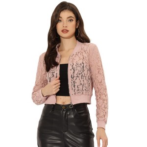 INSPIRE CHIC Women's Stand Collar Zip Up Mesh Sheer Lace Bomber Jacket - 1 of 4