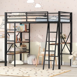 TIRAMISUBEST Twin Size Loft Bed with Storage Shelves and Bulit-in Desk, Metal Loft Bedframe with Ladder and Guardrails - 1 of 4