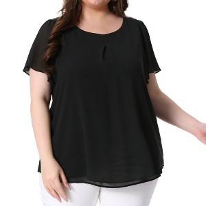 Agnes Orinda Women's Plus Size Chiffon 2-Layered Ruffle Short Sleeve Round Neck Top - 1 of 4
