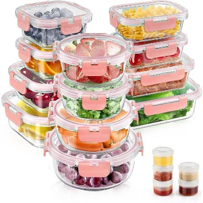 LunaLulinlk 34pcs Glass Food Storage Containers with Lids Set, Airtight Meal Prep Containers (17 Containers & 17 Lids), Pink