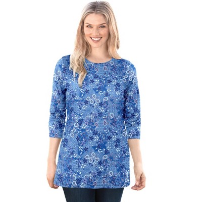 Woman Within Women's Plus Size Perfect Printed Long-Sleeve Crewneck Tee