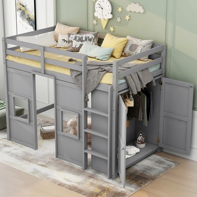 Whisen Wood Twin Size Loft Bed with Built-in Storage Wardrobe and 2 Windows